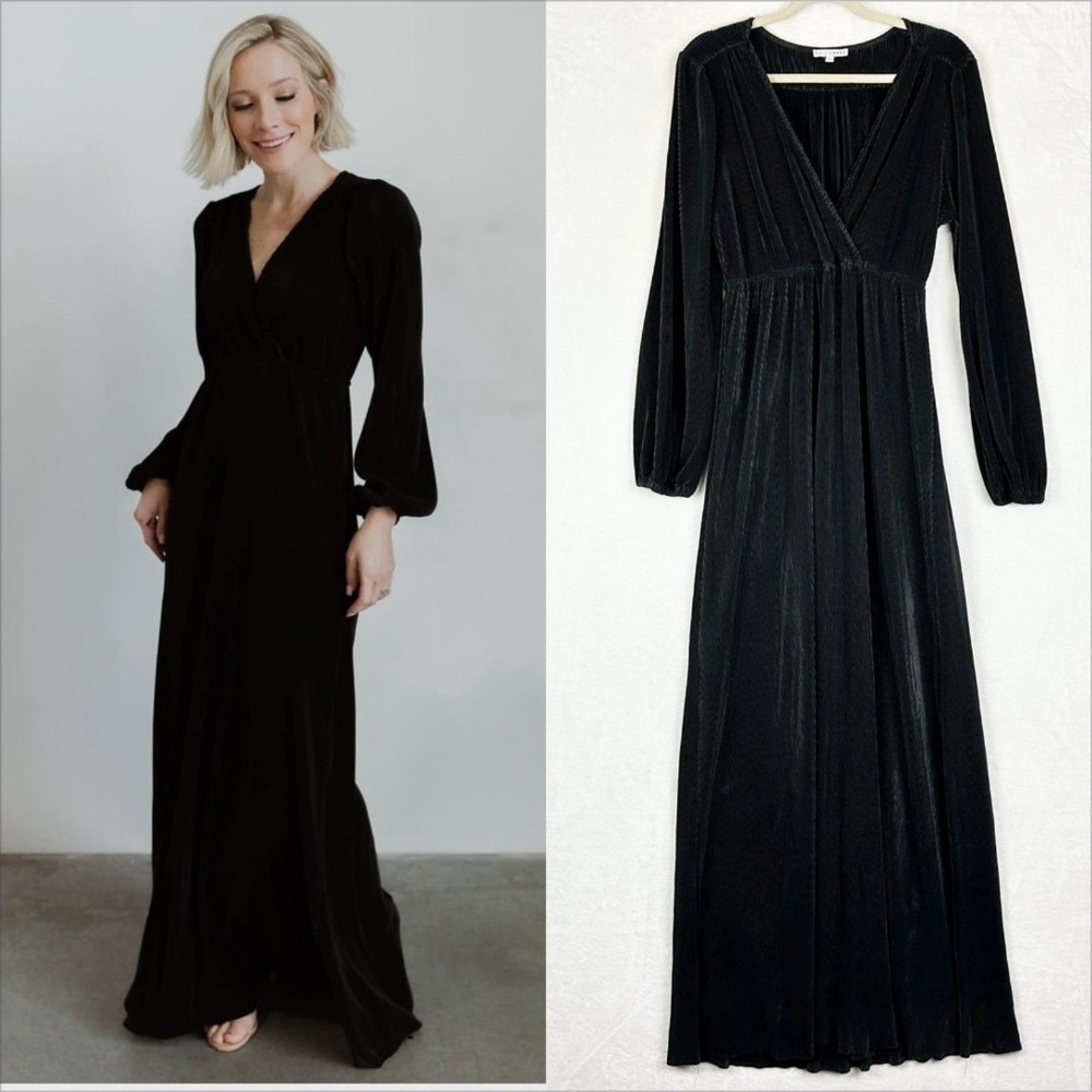Baltic Born Black Faux Wrap Maxi Dress Sz L - Crushed Velvet Ribbed Holiday Glam